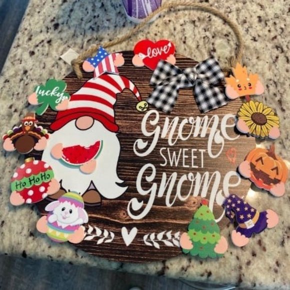Interchangeable Seasonal Gnome Sweet Gnome Welcome Sign Front Door Decor Wooden - Picture 2 of 2